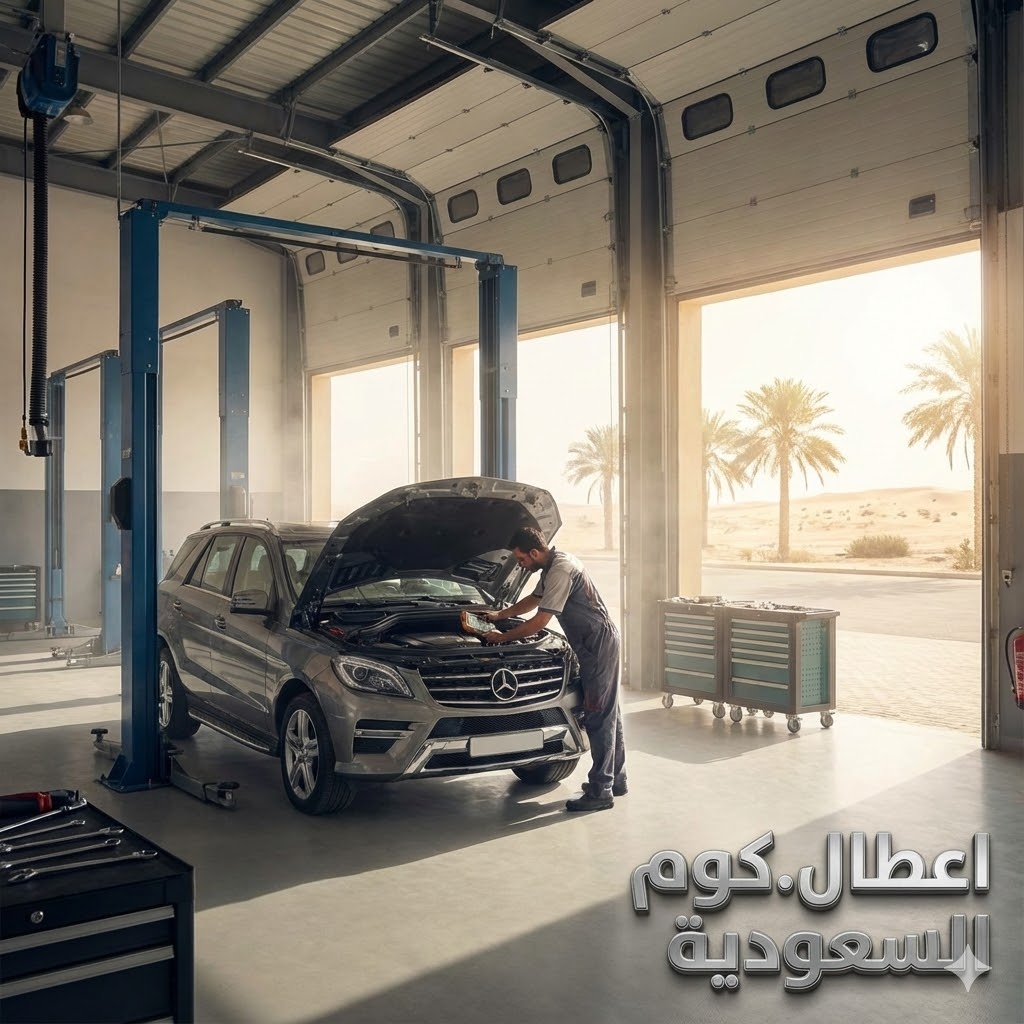 صورة ورشة صيانة سيارات حديثة في السعودية 2026 مع علامة مائية اعطال.كوم السعودية