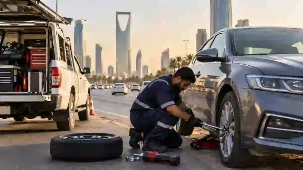 فني يفحص بطارية سيارة ونظام الشحن داخل ورشة حديثة في الرياض
