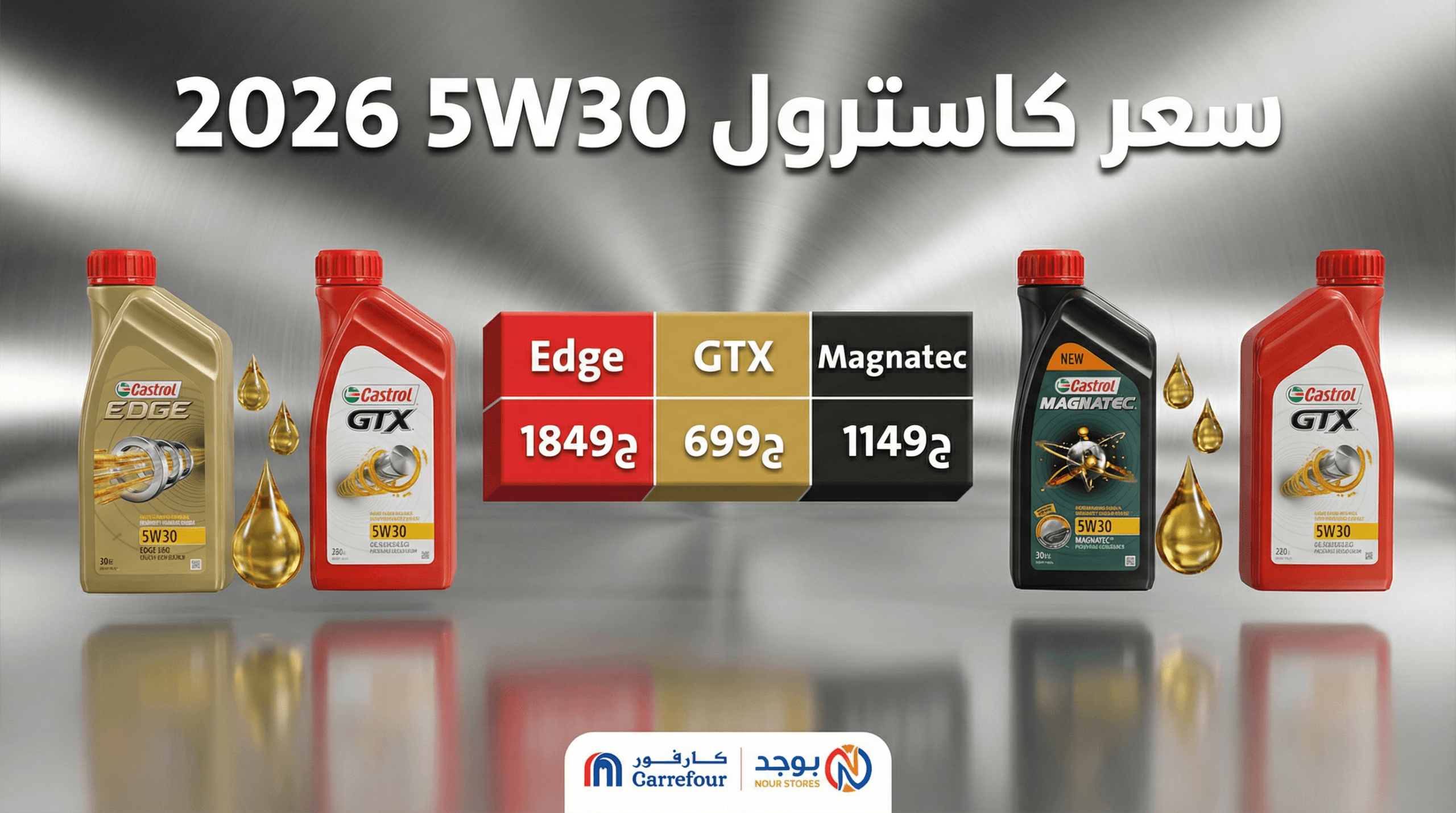 سعر زيت كاسترول 5W30 مصر 2026 جدول مقارنة Edge GTX Magnatec كارفور نور ستورز [web:229][web:231]
