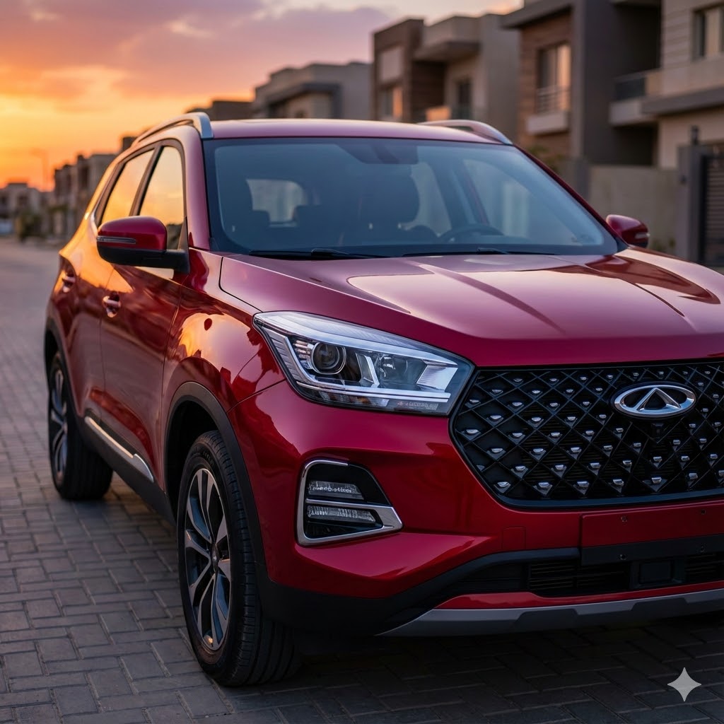 سيارة شيري تيجو 4 برو 2026 تجميع محلي باللون الأحمر - نظرة على التصميم الأمامي والمصابيح LED