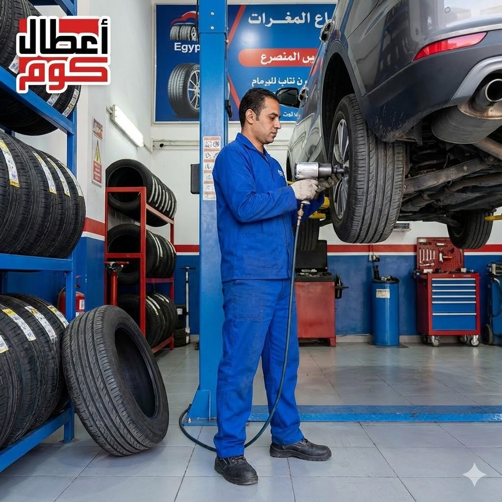 فني يقوم بعملية تدوير الكاوتش وتبديل الإطارات في مركز خدمة - صيانة 2025