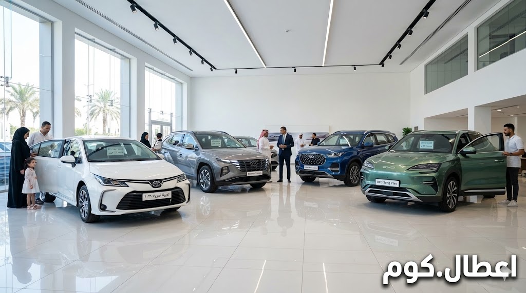 أسعار السيارات الجديدة في مصر 2026 - معرض سيارات يضم تويوتا وهيونداي وشيري وBYD مع لافتات الأسعار - اعطال.كوم