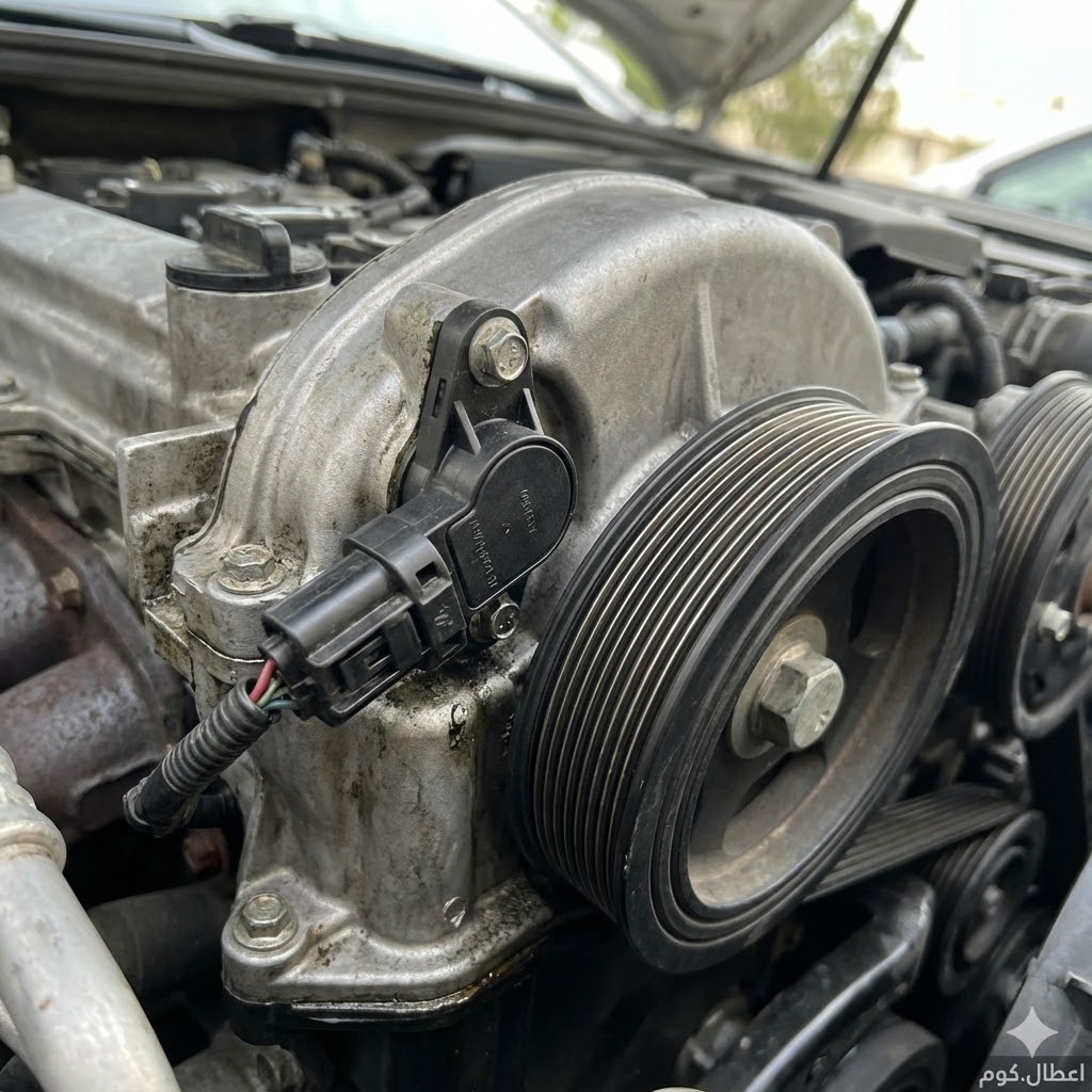 حساس موضع عمود الكرنك مثبت بجوار بكرة الكرنك داخل محرك سيارة حديث، يظهر الحساس والأسلاك المتصلة به بوضوح مع تفاصيل ميكانيكية دقيقة، صورة واقعية عالية الجودة مع علامة مائية اعطال.كوم أسفل يمين الصورة