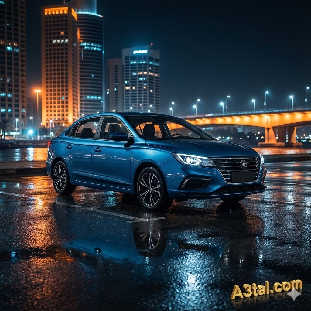 MG 5 2026 parked on a city street in Egypt at night