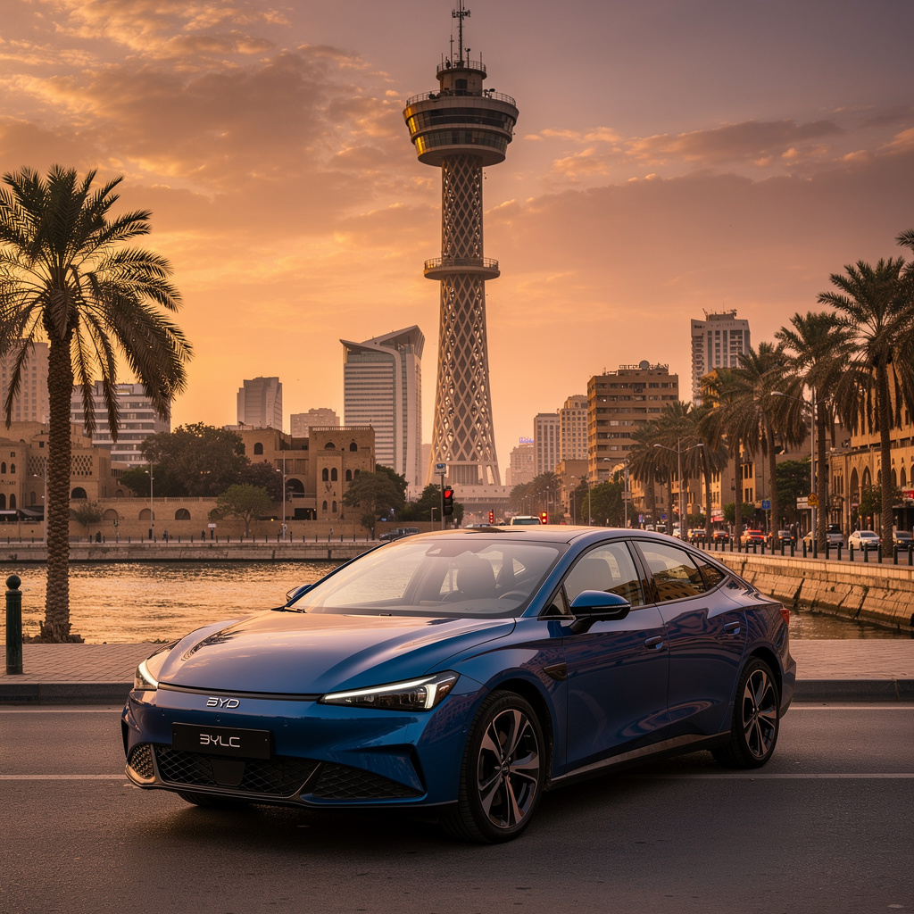 سيارة BYD Seal الكهربائية الزرقاء أمام برج القاهرة - اسعار BYD في مصر 2026