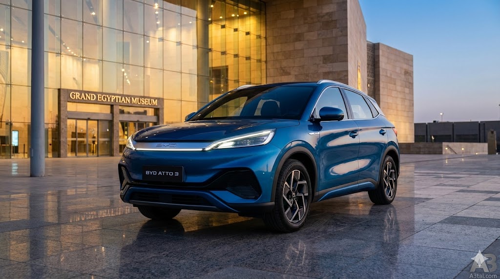 سيارة بي واي دي أتو 3 (BYD Atto 3) الكهربائية باللون الأزرق تقف أمام المتحف المصري الكبير، تظهر الواجهة الأمامية بتصميم "وجه التنين" وشريط الإضاءة LED المتصل.