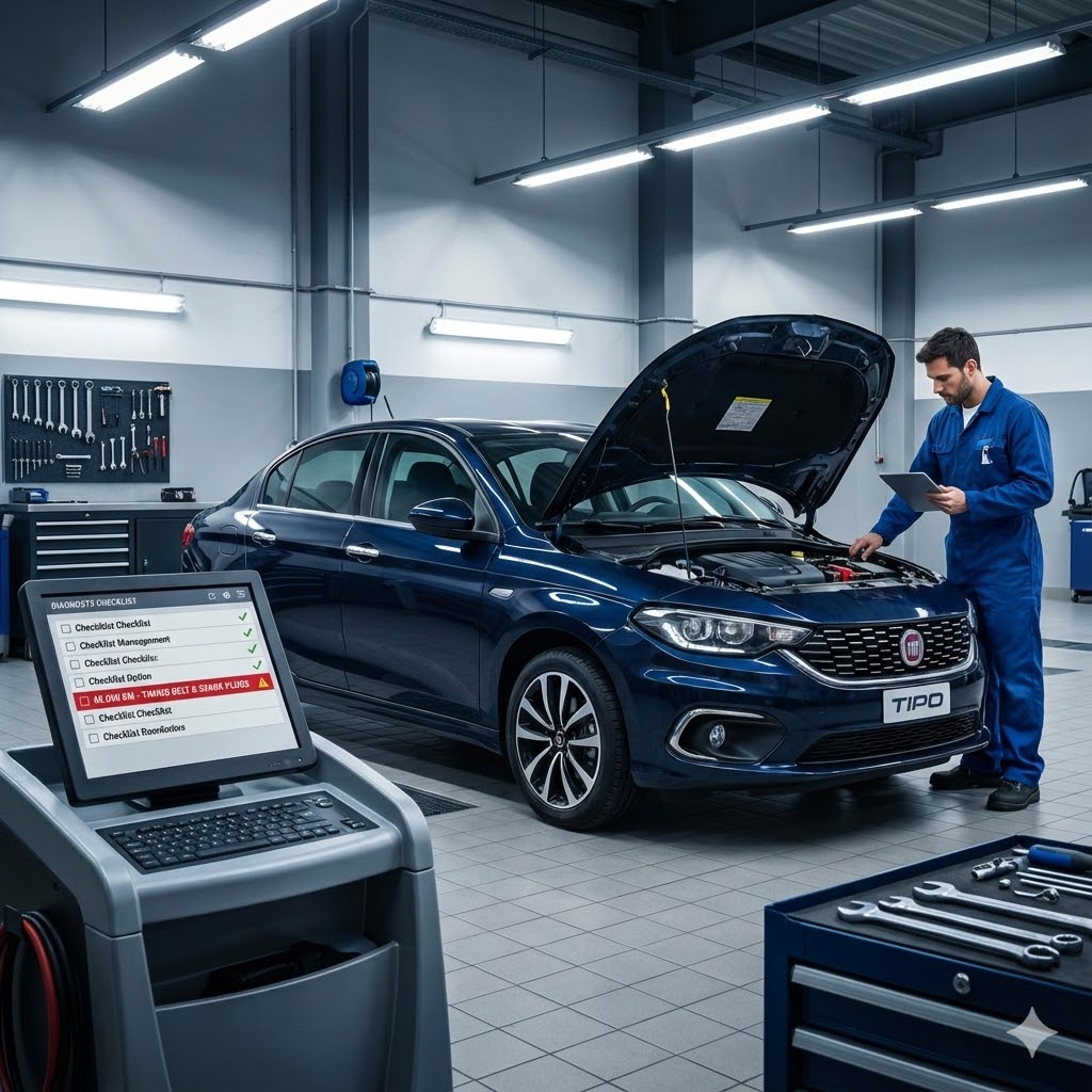 ميكانيكي يقوم بفحص بوابة محرك فيات تيبو (Tipo) زرقاء داخل مركز خدمة حديث، وشاشة جهاز التشخيص تعرض تنبيهاً أحمر بضرورة صيانة الـ 60 ألف كم (Timing Belt).