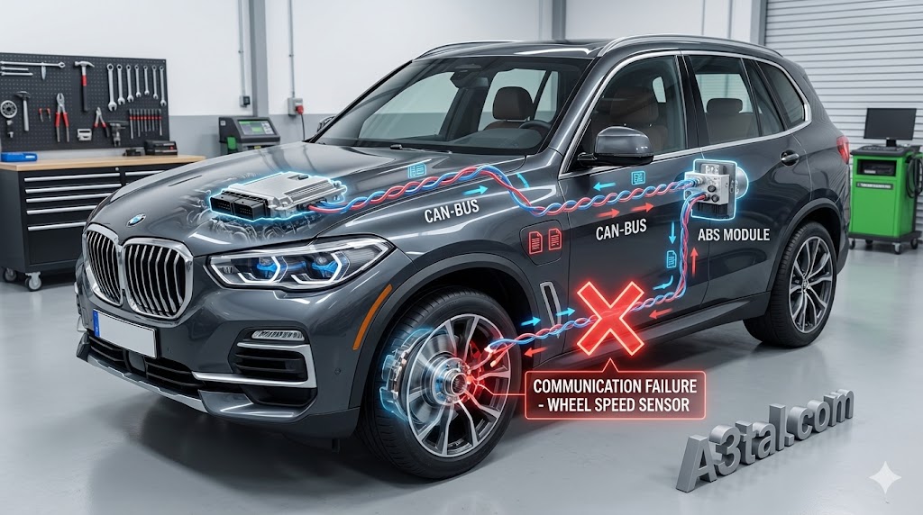 مخطط توضيحي يبين انقطاع اتصال CAN-BUS بين كمبيوتر المحرك (ECM) ووحدة الفرامل (ABS) في سيارات هيونداي، مما يسبب كود P1632.