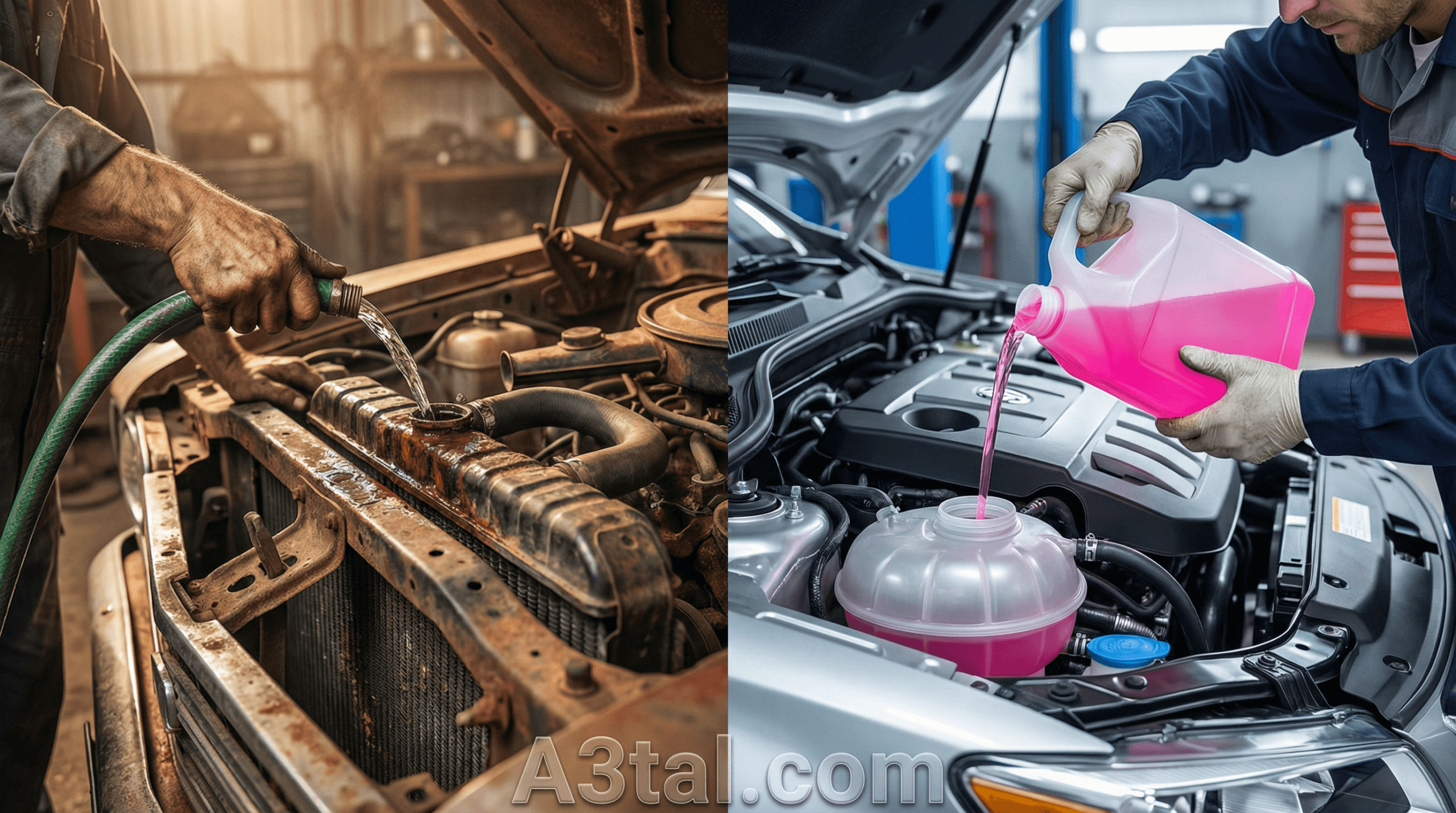 مقارنة توضح خطورة استخدام مياه الحنفية في الردياتير مقابل استخدام مياه التبريد الأصلية (Coolant) لمنع الصدأ.