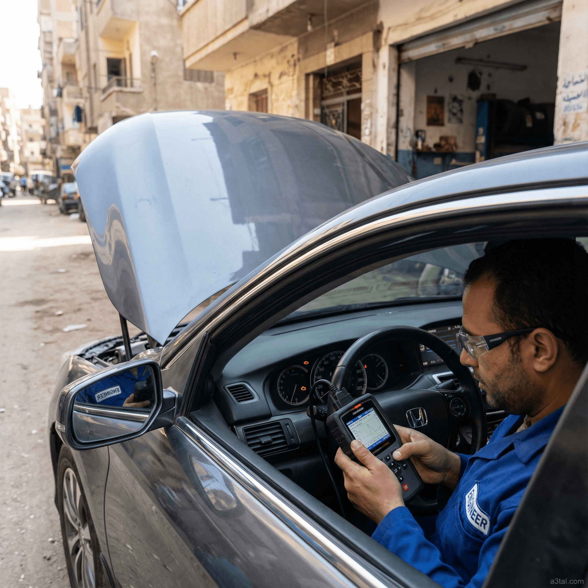 مهندس سيارات يفحص سيارة متعطلة ولمبة الأعطال منورة بسبب كود P0335
