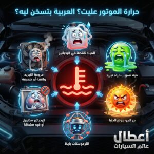 إنفوجرافيك يوضح أسباب ارتفاع حرارة محرك السيارة: نقص المياه، تعطل المروحة، انسداد الردياتير، تلف الثرموستات، وتسريب سائل التبريد.