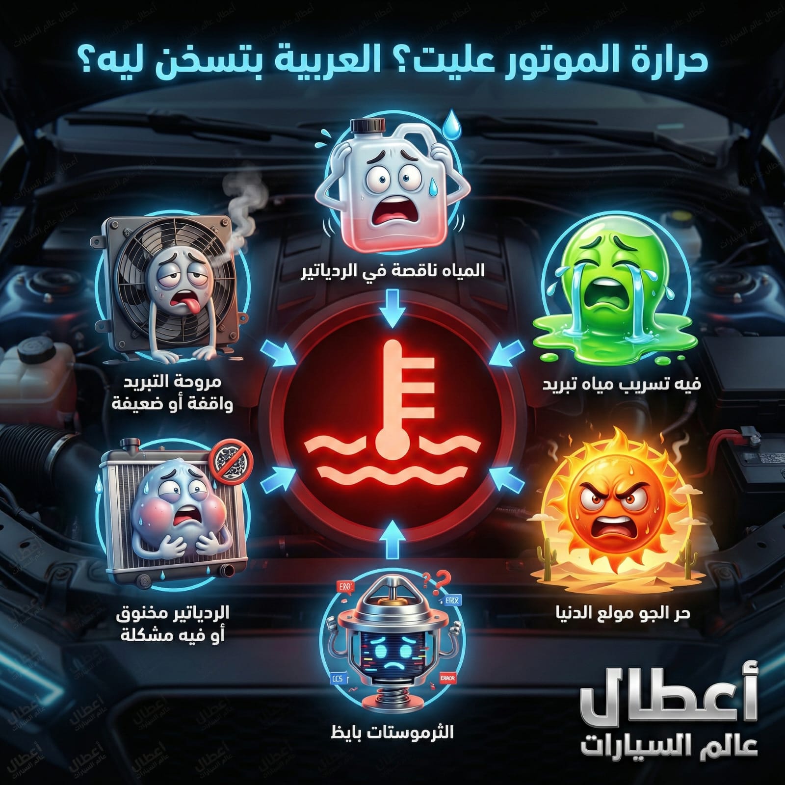 إنفوجرافيك يوضح أسباب ارتفاع حرارة محرك السيارة: نقص المياه، تعطل المروحة، انسداد الردياتير، تلف الثرموستات، وتسريب سائل التبريد.