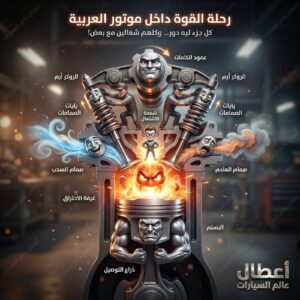 رسم توضيحي ثلاثي الأبعاد لأجزاء محرك الاحتراق الداخلي يوضح البستم والصمامات وشمعة الاحتراق.