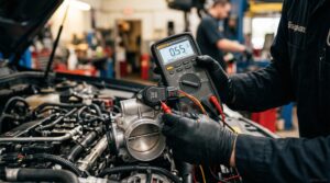 فحص فولتية حساس موضع الخانق TPS باستخدام جهاز الملتيميتر على بوابة هواء محرك السيارة