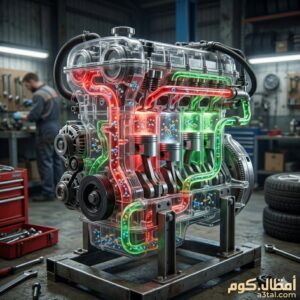 رسم فني ثلاثي الأبعاد يوضح مكونات مياه الردياتير الكيميائية وتأثيرها على حماية محرك السيارة من الصدأ والغليان.