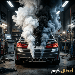 سيارة حديثة يخرج من شكمانها ثلاثة أعمدة دخان بألوان مختلفة: الأبيض والأسود والأزرق للتعبير عن أعطال المحرك الشائعة.