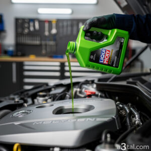 ميكانيكي يصب زيت ليكوي مولي مولجين في محرك السيارة