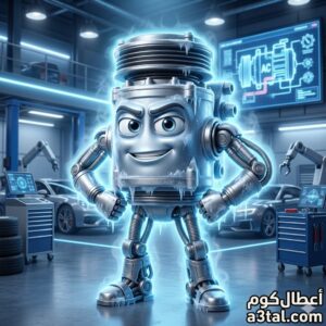 تصميم ثلاثي الأبعاد لكومبريسور تكييف سيارة (كباس) يظهر كشخصية كرتونية قوية ومغطى بالجليد للدلالة على كفاءة التبريد العالية.