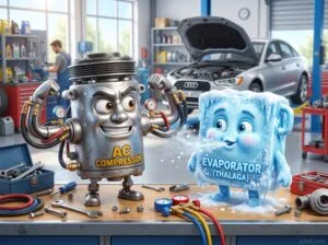 شخصيات كرتونية تعليمية تمثل كمبروسر وثلاجة تكييف السيارة أثناء الصيانة