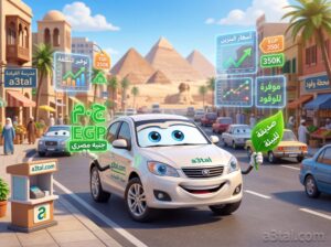شخصية كرتونية تعليمية لسيارة اقتصادية في مصر تحمل رمز الجنيه المصري وعلامة التوفير