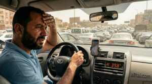 سائق يعاني من الحر بسبب ضعف تبريد تكييف السيارة عند الوقوف في الزحام المروري