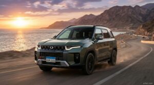 سيارة سانج يونج توريس 2026 (KGM Torres) الرياضية متعددة الاستخدامات تسير على طريق ساحلي في مصر