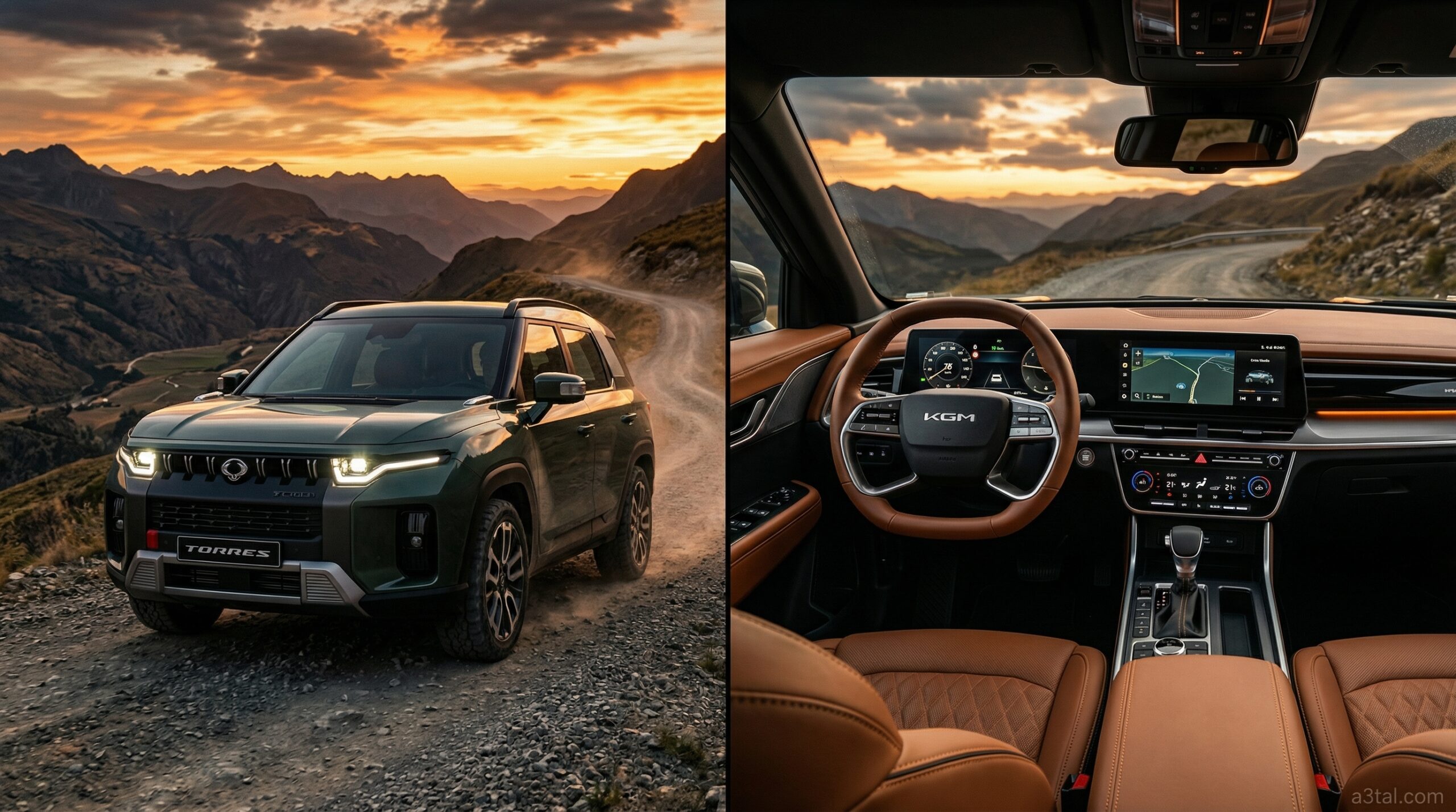 تصميم مقسوم يوضح الشكل الخارجي الهجومي والمقصورة الداخلية الرقمية لسيارة سانج يونج توريس 2026