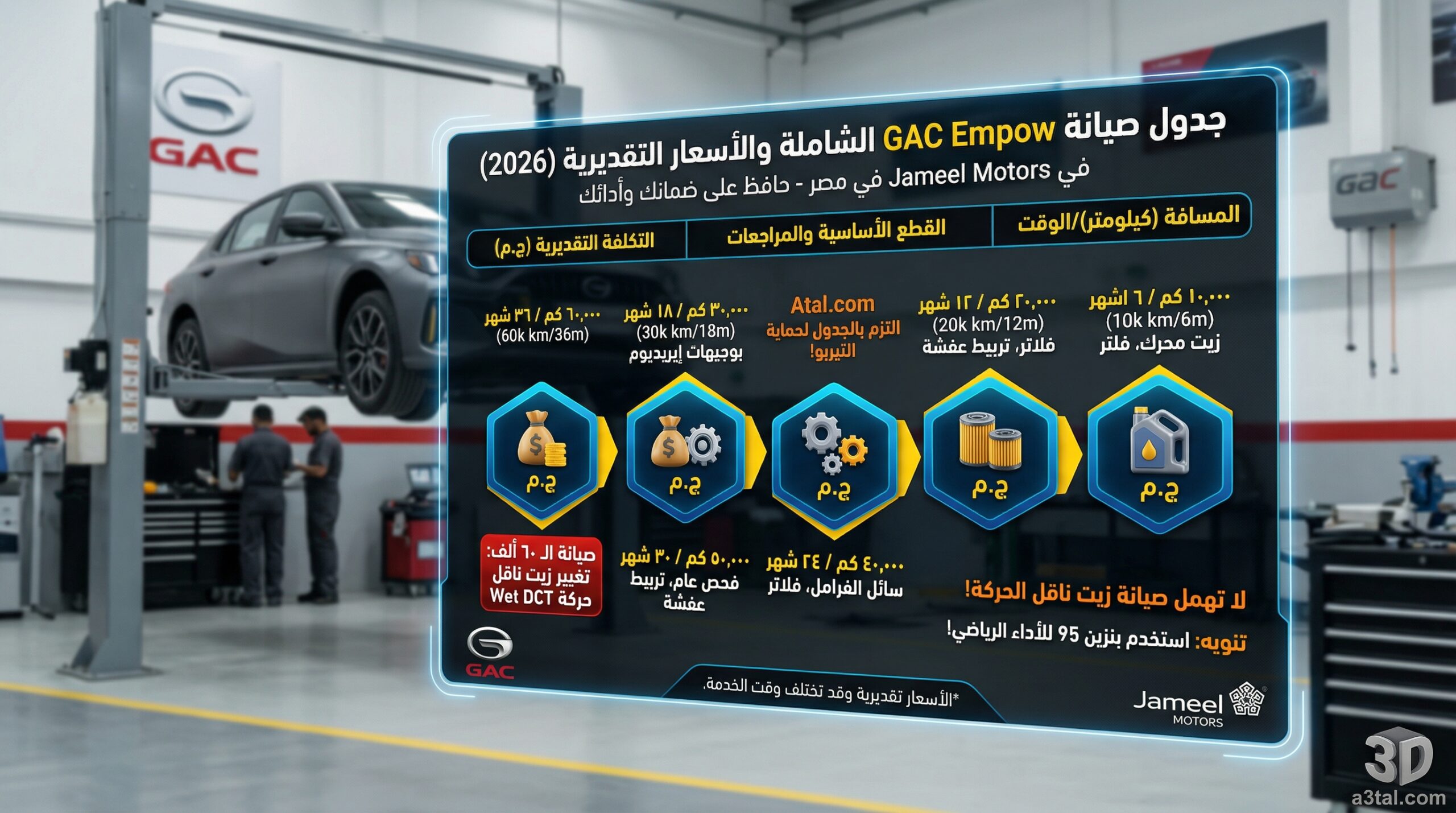 انفو جراف جدول صيانات GAC Empow (إمباو) الدورية في مصر 2026 بالأسعار والمراجعات الأساسية.