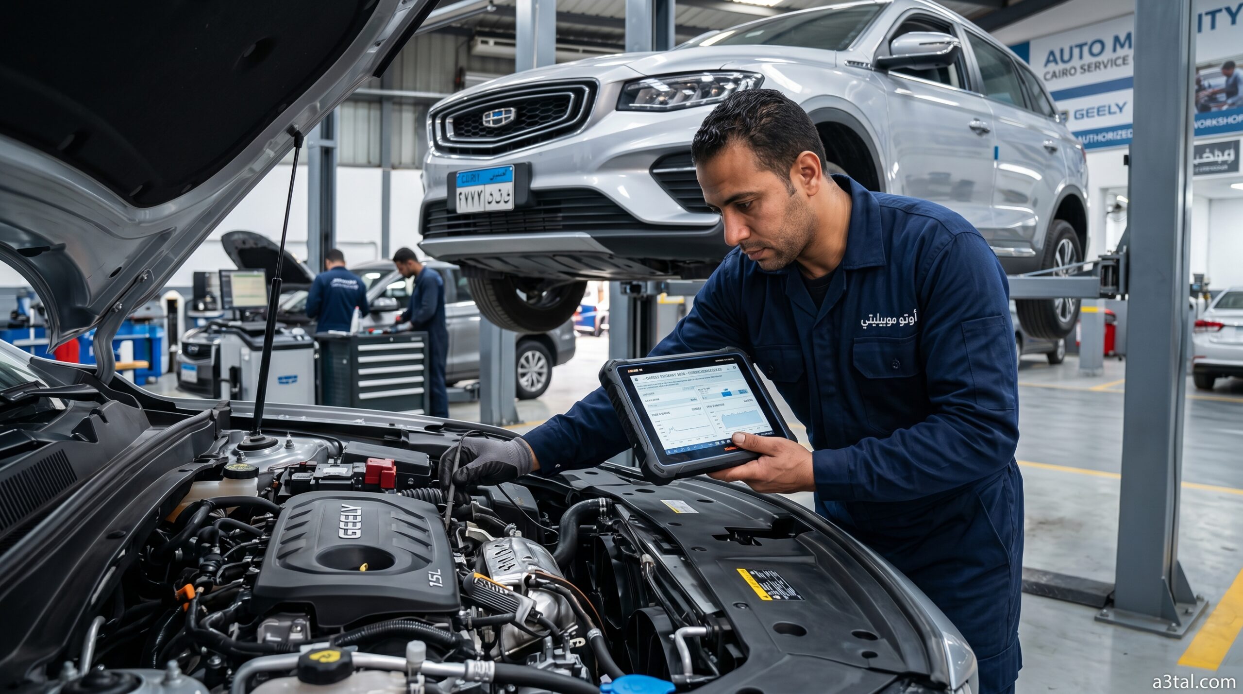 فني مركز خدمة معتمد يقوم بفحص محرك تيربو لسيارة جيلي ستار راي 2026 مرفوعة على رافعة هيدروليكية داخل مركز أوتو موبيليتي في مصر.