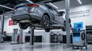 فحص وصيانة سيارة نيسان سنترا مرفوعة على رافعة هيدروليكية داخل توكيل نيسان المعتمد