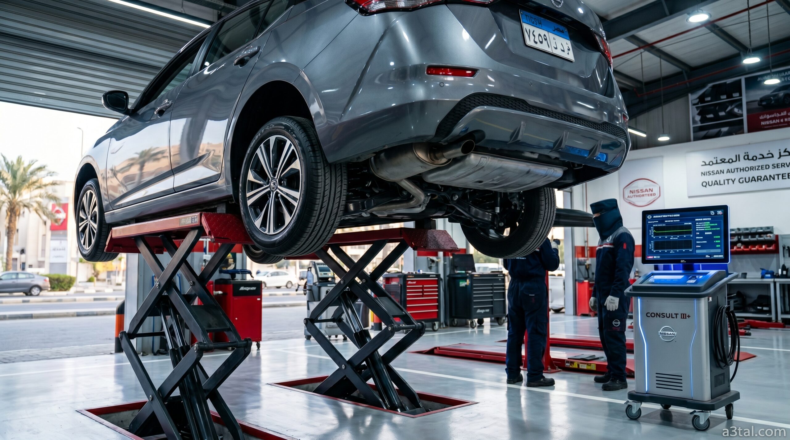 فحص وصيانة سيارة نيسان سنترا مرفوعة على رافعة هيدروليكية داخل توكيل نيسان المعتمد 1