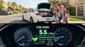 عائلة تقوم بتحميل أمتعتها في سيارة سيدان حديثة موفرة للوقود مع عرض لشاشة استهلاك البنزين الاقتصادي