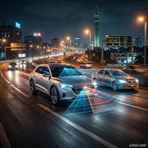 تصوير تخيلي يوضح عمل رادارات وحساسات أنظمة الأمان المتقدمة ADAS في السيارات الحديثة