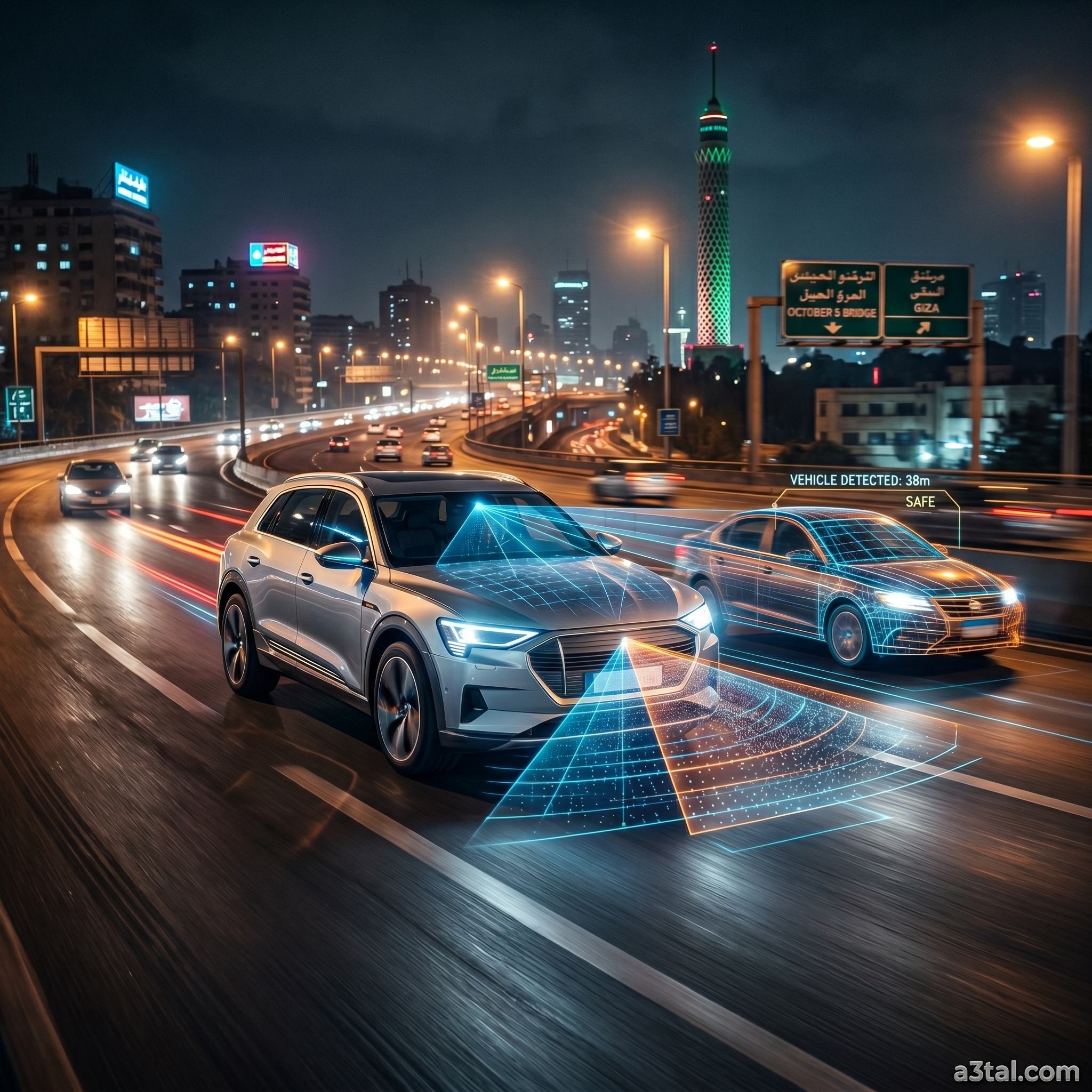 تصوير تخيلي يوضح عمل رادارات وحساسات أنظمة الأمان المتقدمة ADAS في السيارات الحديثة