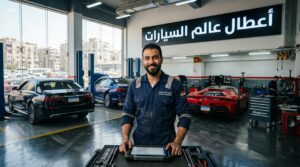 ميكانيكي مصري محترف داخل مركز خدمة متطور في القاهرة يقف أمام يافطة 'أعطال عالم السيارات' وعربيات فخمة مرسيدس وفيراري.