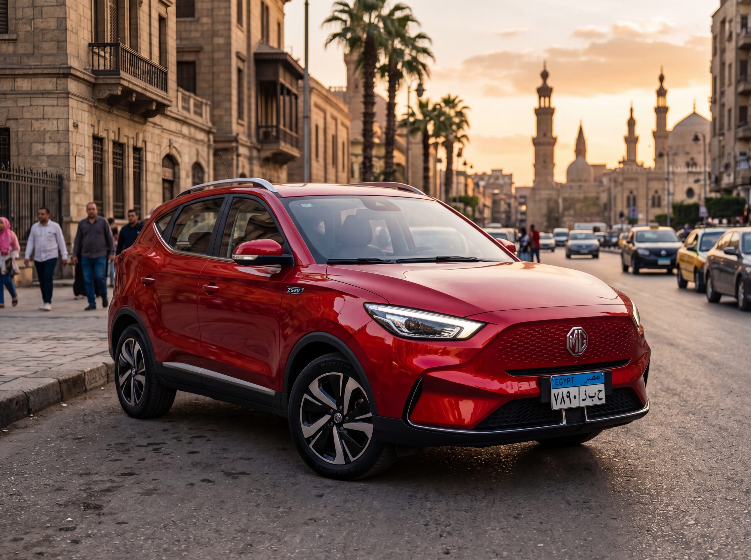 سيارة MG ZS EV 2026 باللون الأحمر من الأمام الجانبي في شوارع مصر