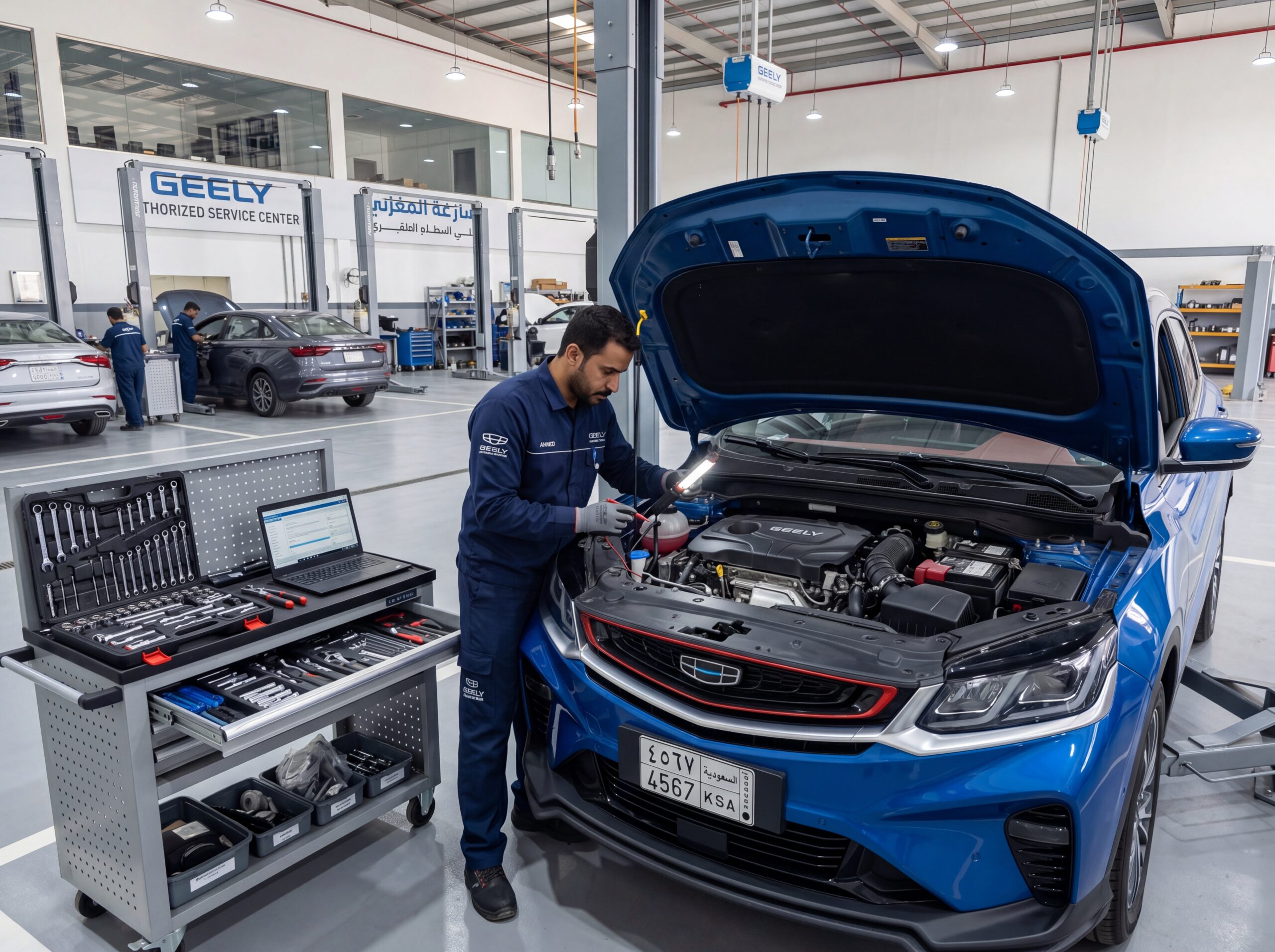 فني متخصص يقوم بفحص محرك سيارة جيلي كول راي داخل مركز خدمة معتمد