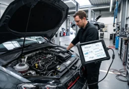 فني يستخدم جهاز OBD2 لتشخيص كود P0442 ونظام EVAP