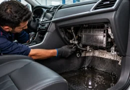 فحص مياه التكييف المتسربة في أرضية الراكب وخرطوم صرف المكيف