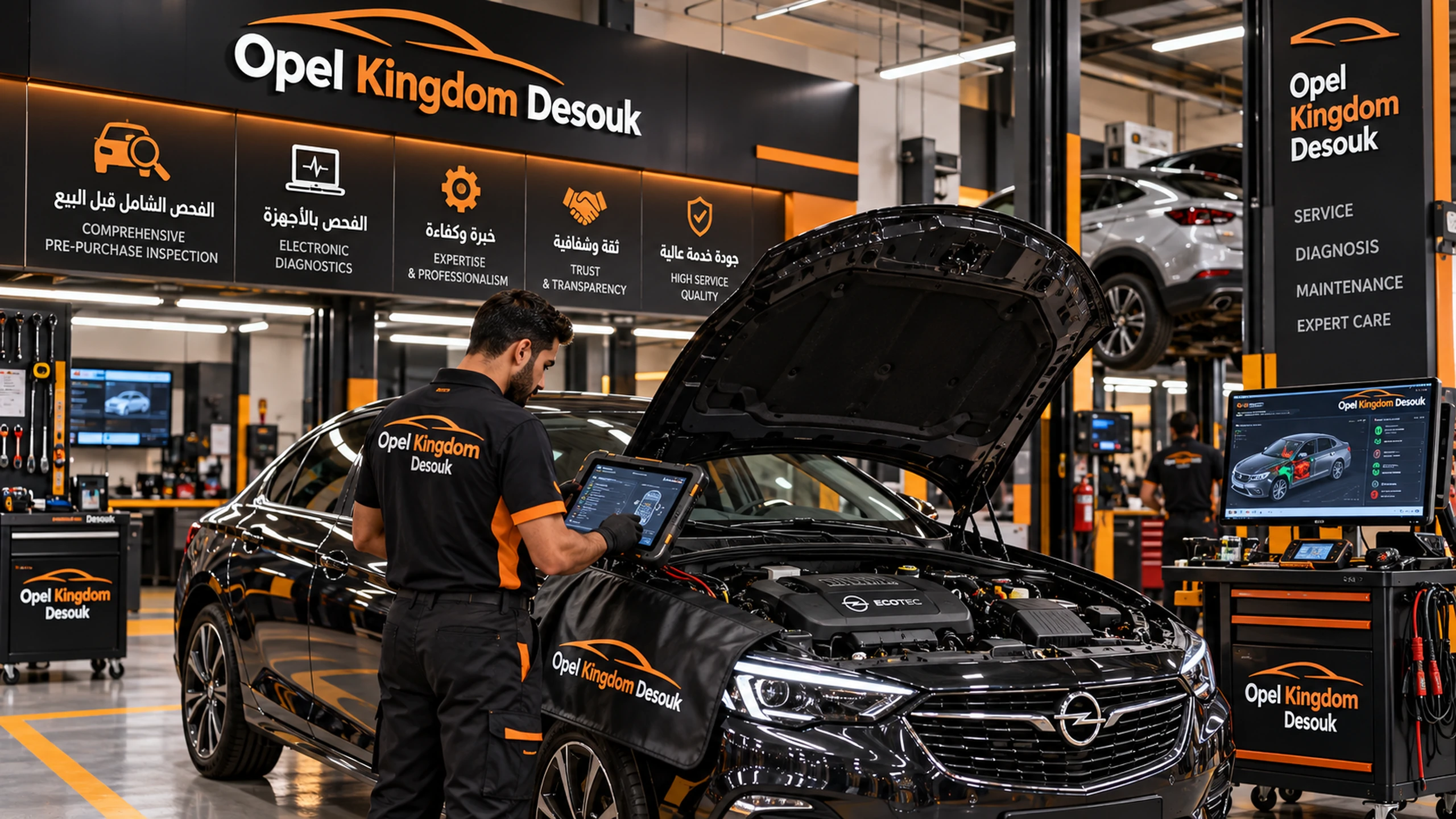 فني يستخدم جهاز تشخيص وفحص كمبيوتر داخل مركز Opel Kingdom Desouk