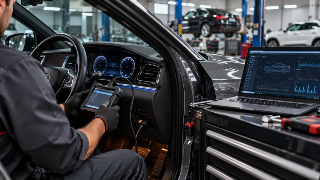 فني يفحص عداد سيارة مستعملة بجهاز تشخيص OBD