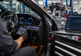 فني يفحص عداد سيارة مستعملة بجهاز تشخيص OBD