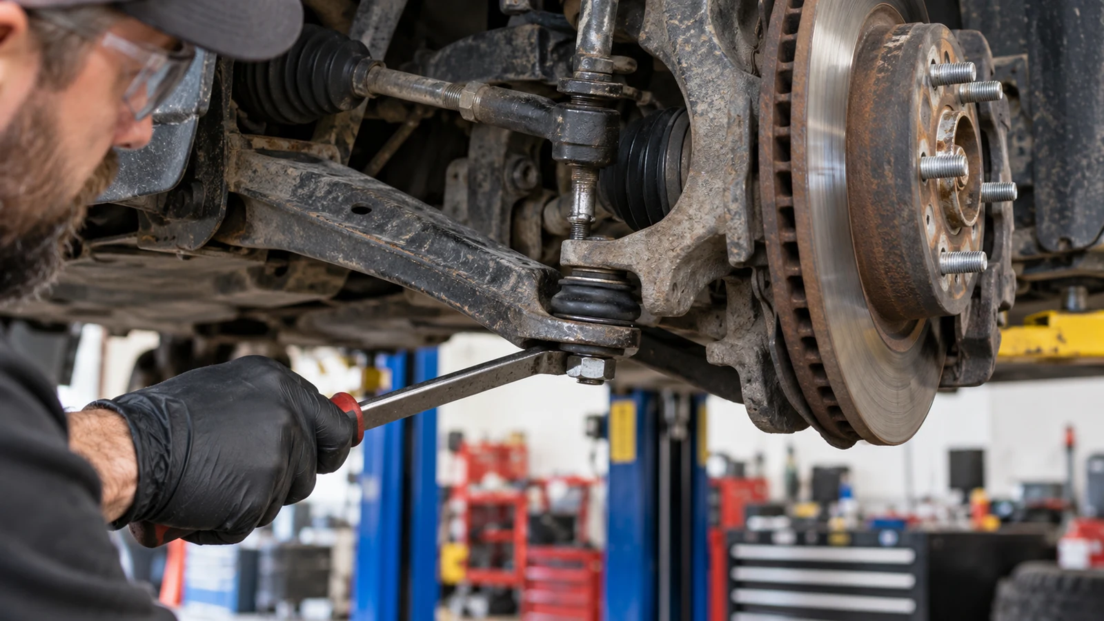 فني يفحص بيضة المقص Ball Joint في العفشة الأمامية داخل ورشة سيارات