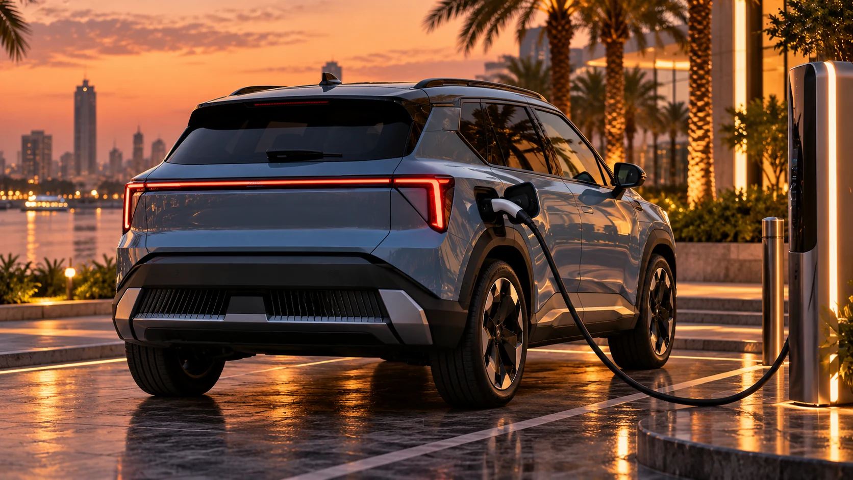 تصور فني لسيارة SUV كهربائية خلال الشحن في محطة حديثة عند الغروب