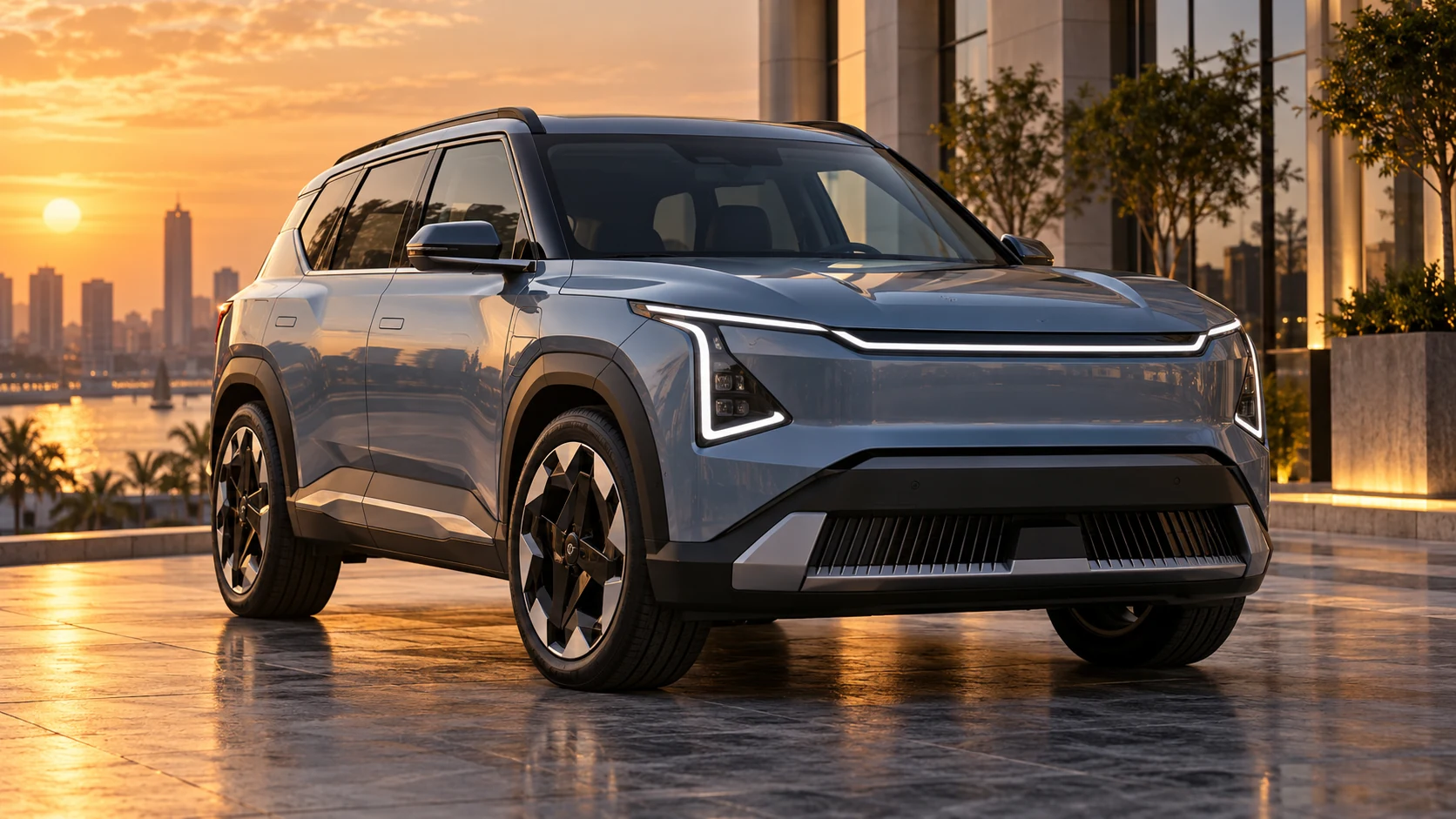 تصور فني حصري لسيارة SUV كهربائية حديثة بلون رمادي عند الغروب لتوضيح مقال أسعار كيا EV5 في مصر